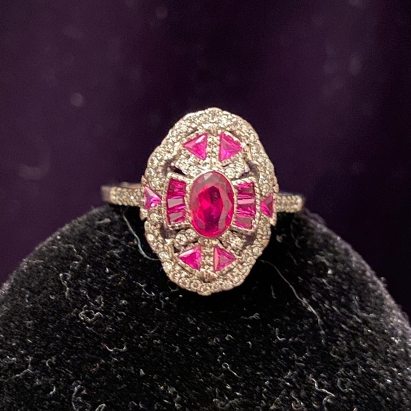 Source Unknown Jewelry - Vintage Art Deco Style Oval Ruby Lab Created Diamond Sterling Silver Ring 9.75